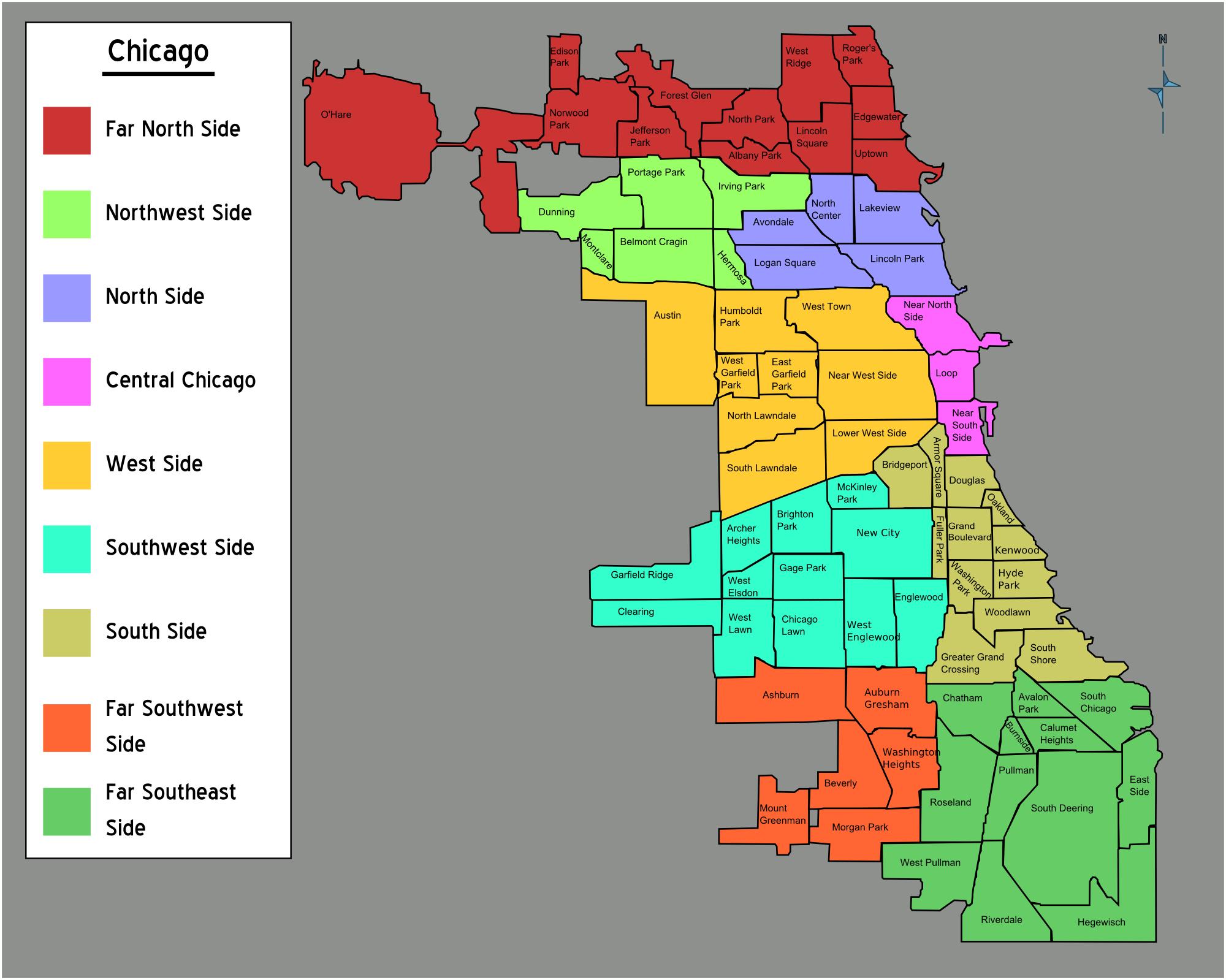 Kaart van de wijk Chicago omgeving en voorsteden van Chicago